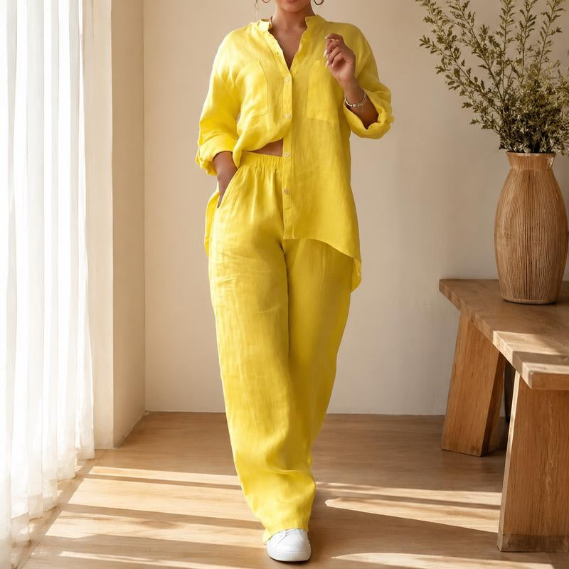 Women's Cotton Button-Up Shirt & Wide-Leg Pants Set