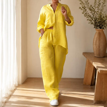 Women's Cotton Button-Up Shirt & Wide-Leg Pants Set