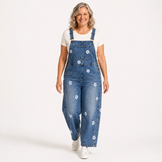 Women's Floral Print Baggy Denim Bib Overalls