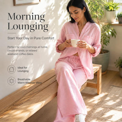 Women's Cotton Button-Up Shirt & Wide-Leg Pants Set