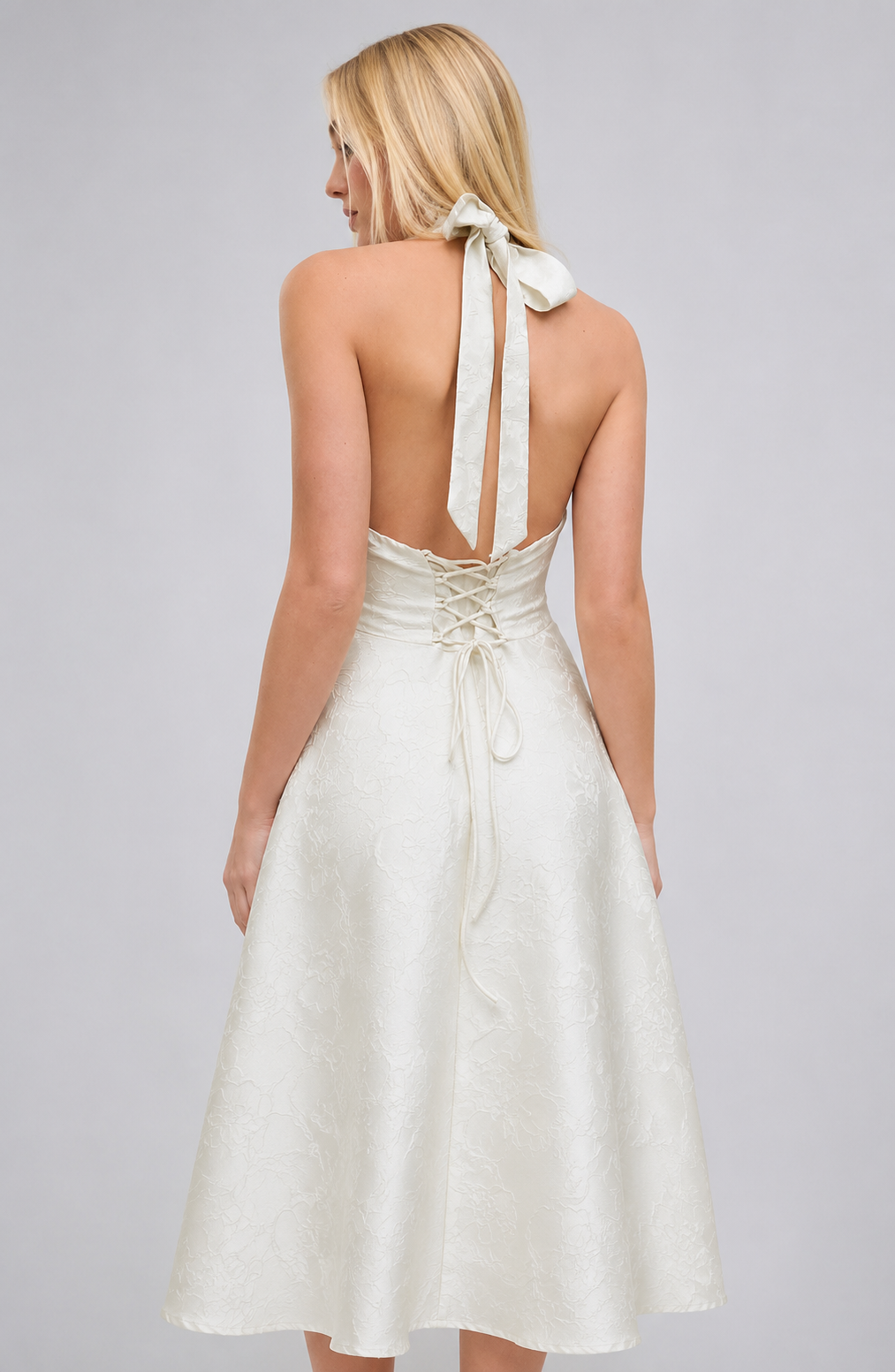Floral Jacquard Halter Maxi Dress – Lace-Up Wedding Guest Dress