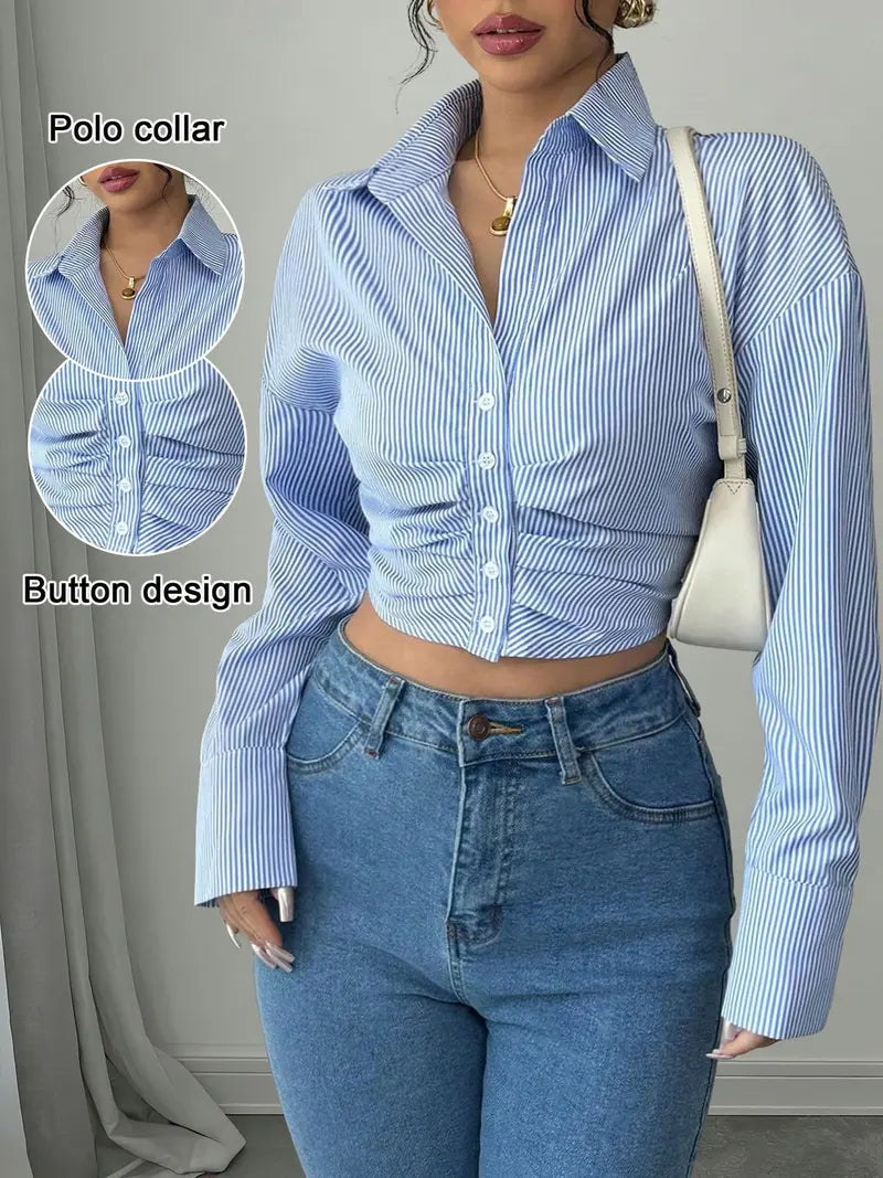 Women’s Ruched Waist Striped Cropped Button-Down Shirt