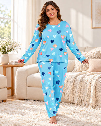 Women's Colorful Heart Print Long Sleeve Pajama Set