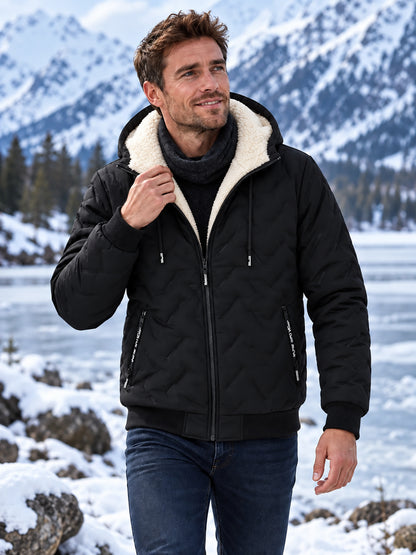 Unisex Geometric Quilted Sherpa Lined Hooded Winter Jacket - Water Resistant
