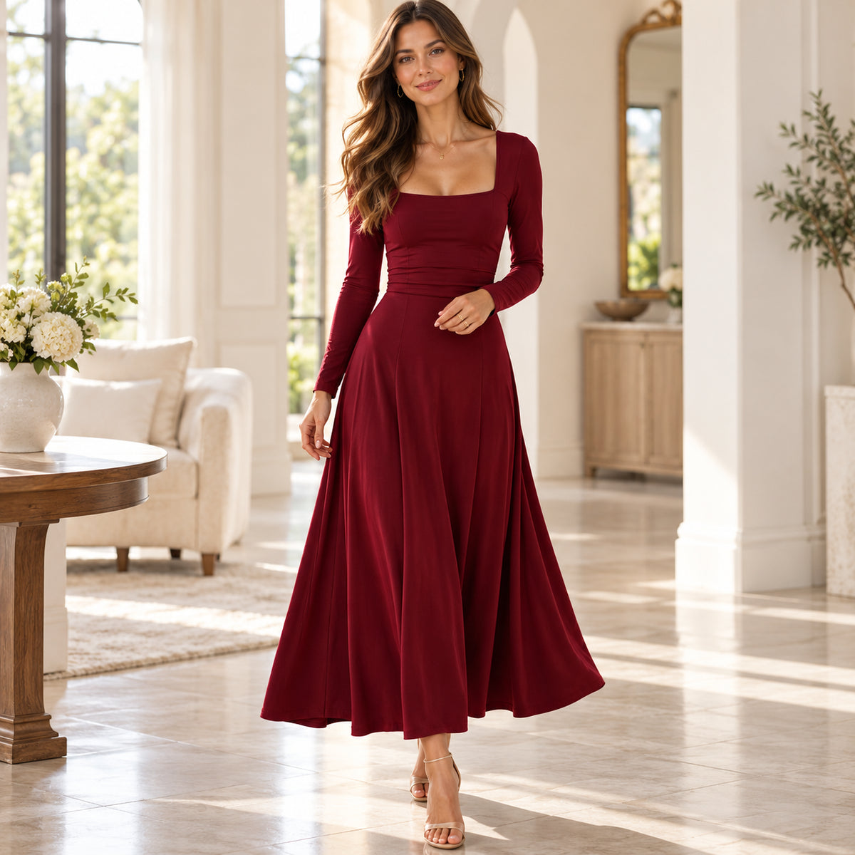 Women's Elegant Square Neck Flowy A-Line Midi Dress