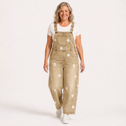 Women's Relaxed Floral Denim Bib Overalls