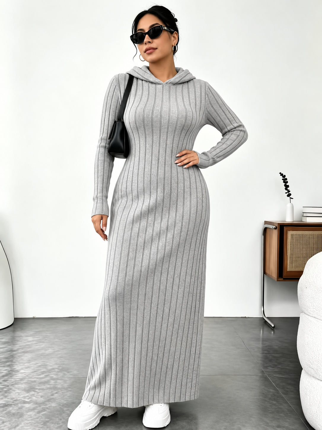 Women’s Slim-Fit Ribbed Hooded Maxi Dress