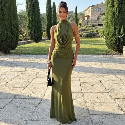Ruched Halter Backless Maxi Dress
