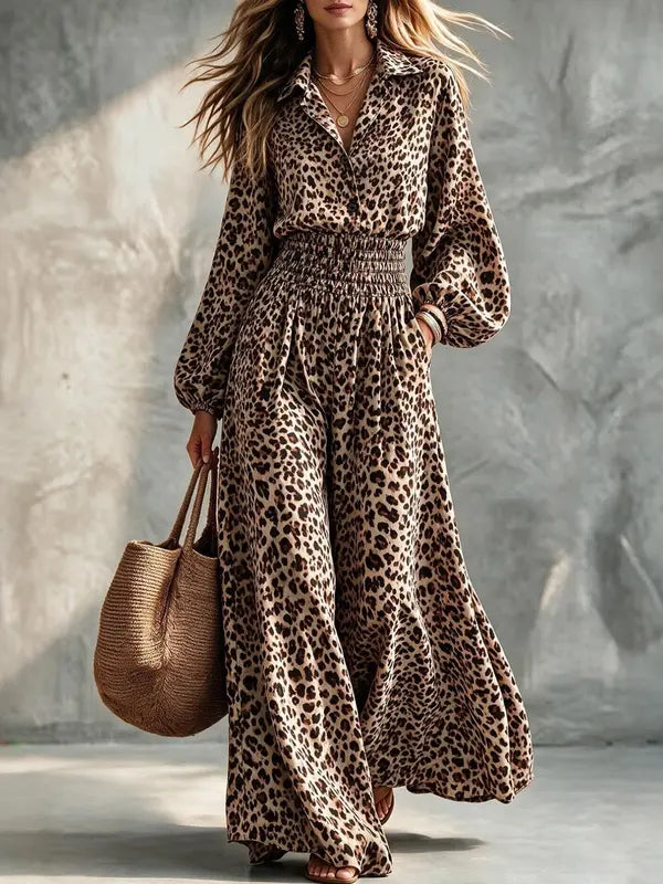 Women's Leopard Print Smocked-Waist Wide-Leg Jumpsuit