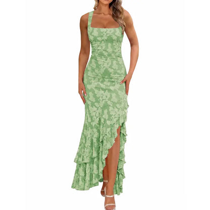 Floral Mermaid Maxi Dress – Ruched Square Neck