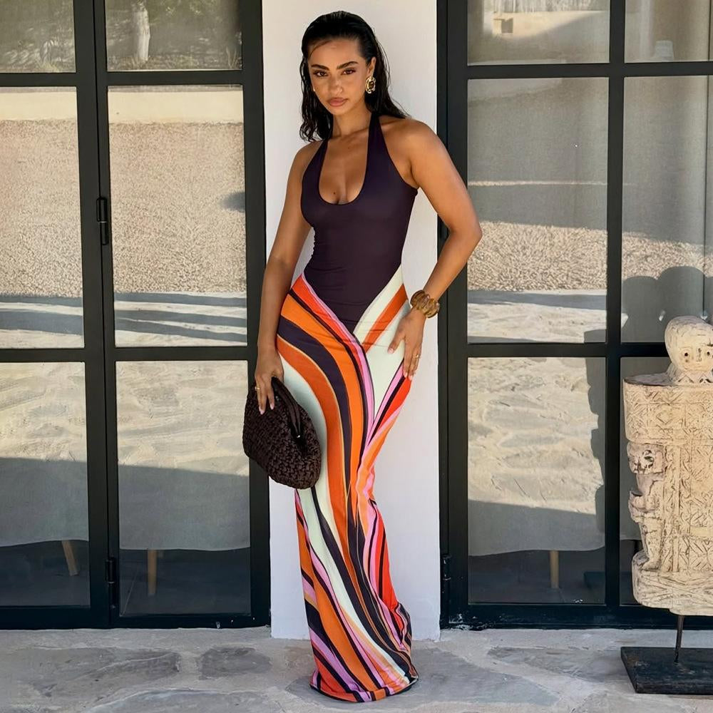 Women’s Halter Color Block Maxi Dress