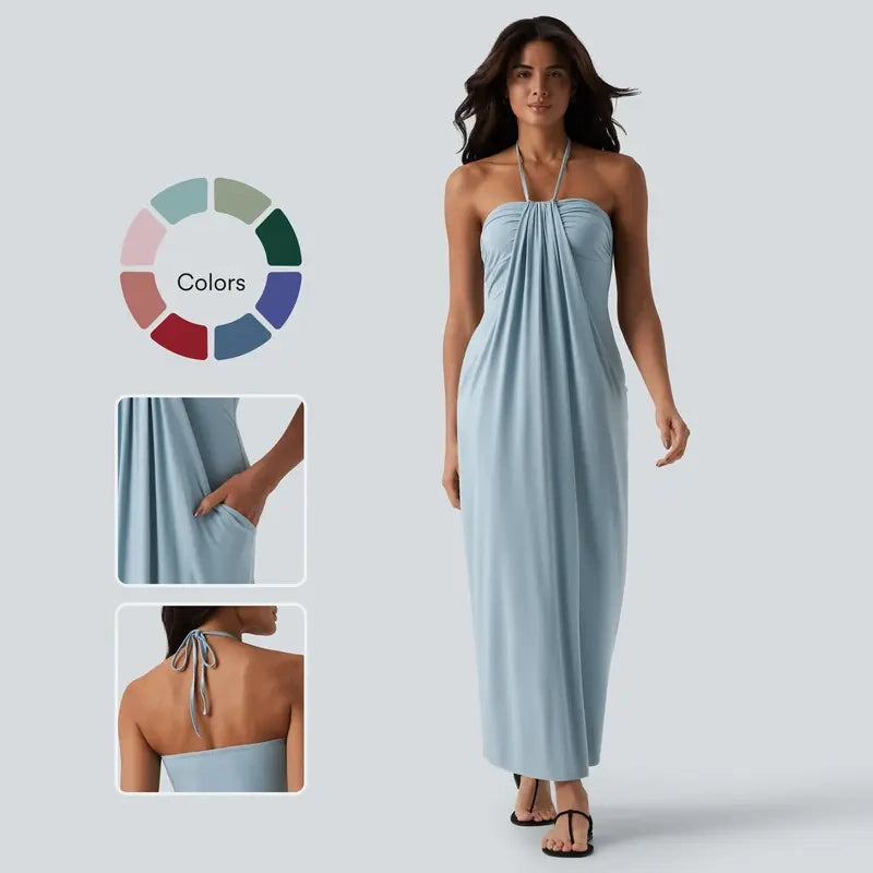 Convertible Halter Tie-Back Maxi Dress – Backless Resort & Evening Gown