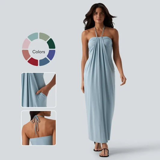 Halter Tie-Back Maxi Dress with Pockets – Flowy Backless Resort Dress