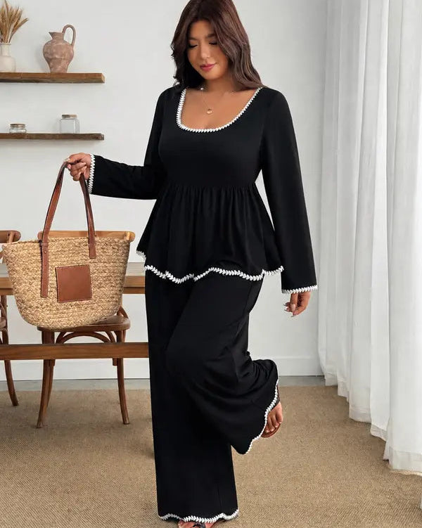 Plus-Size Elegant Ruffle Two-Piece Set with Wide-Leg Pants