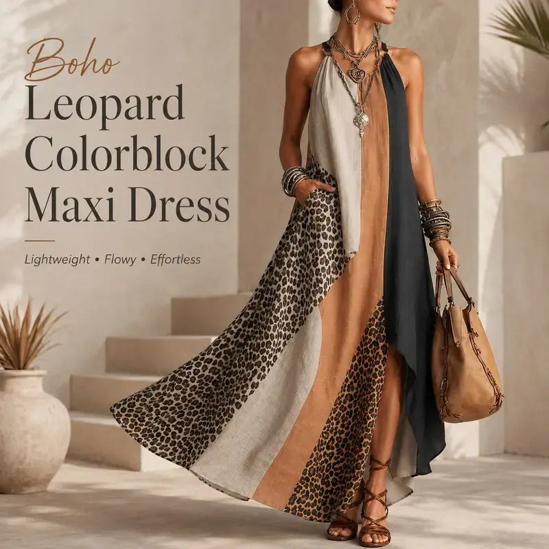 Women's Boho Patchwork Halter Neck Maxi Dress with Split Hem