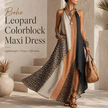 Women's Boho Patchwork Halter Neck Maxi Dress with Split Hem