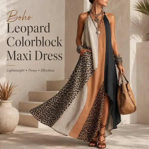 Women's Boho Patchwork Halter Neck Maxi Dress with Split Hem