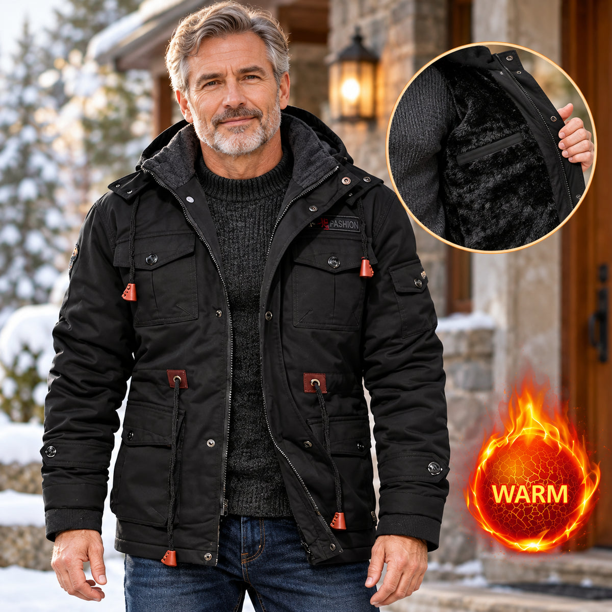 Men's Thick Fleece Lined Cotton Hooded Work Jacket