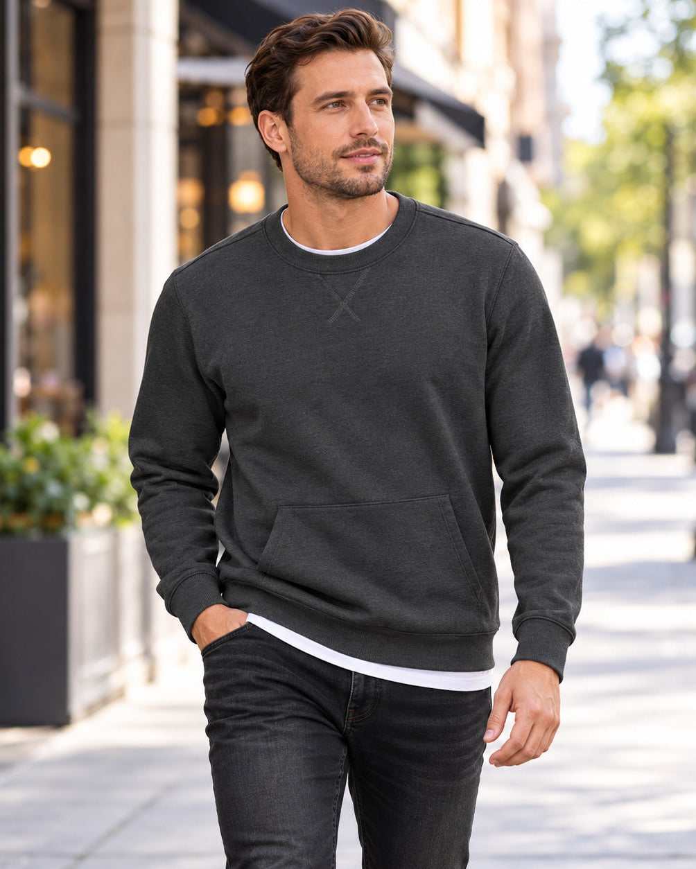 Men's Soft Stretch Crewneck Sweatshirt with Kangaroo Pocket
