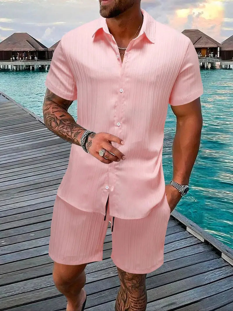 ☀️ Men's Textured Short Sleeve Shirt & Shorts 2-Piece Set