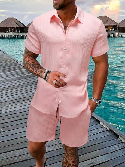 ☀️ Men's Textured Short Sleeve Shirt & Shorts 2-Piece Set