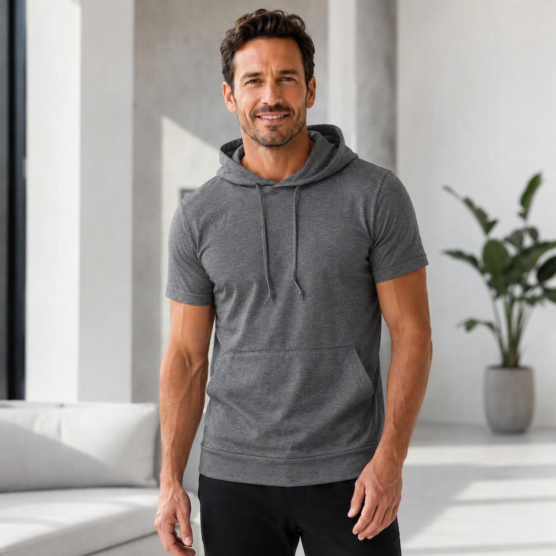 Men's Plus Size Drawstring Hooded Short-Sleeve Top