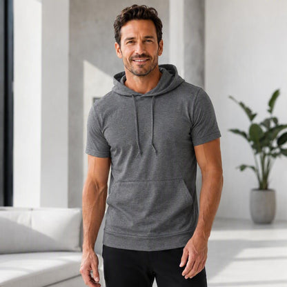 Men's Plus Size Drawstring Hooded Short-Sleeve Top