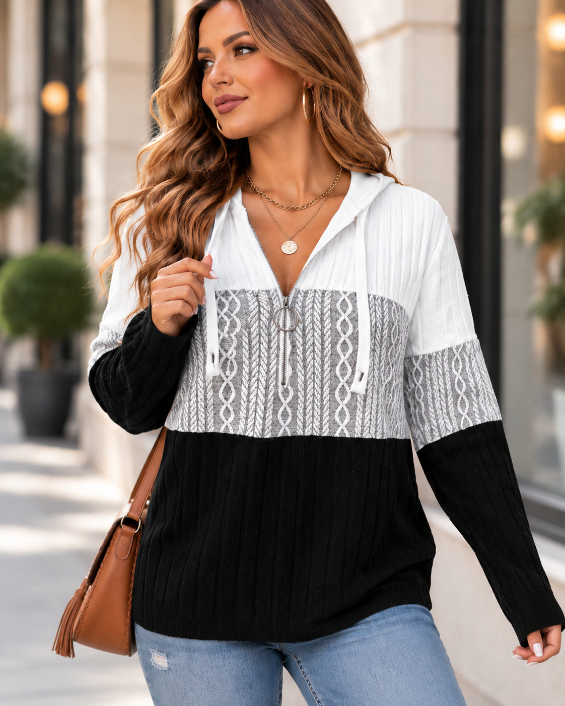 Women's Plus Size Color Block Cable Knit Half-Zip Hoodie