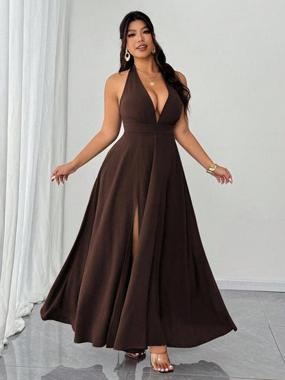 Plus Size Halter Deep V Maxi Dress