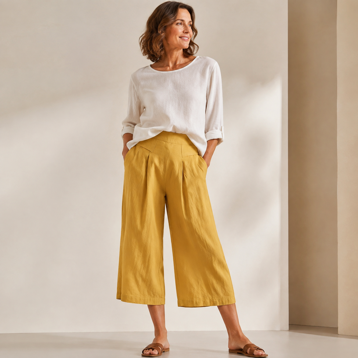 Women's Cotton Linen Wide-Leg Culottes