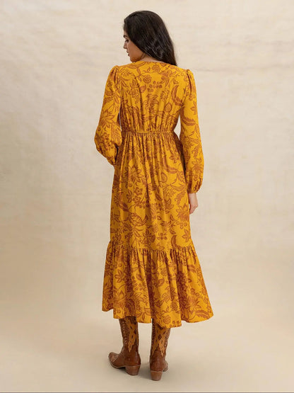 Women's Floral Boho V-Neck Long Sleeve Maxi Dress