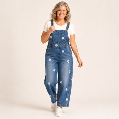 Women's Relaxed Floral Denim Bib Overalls