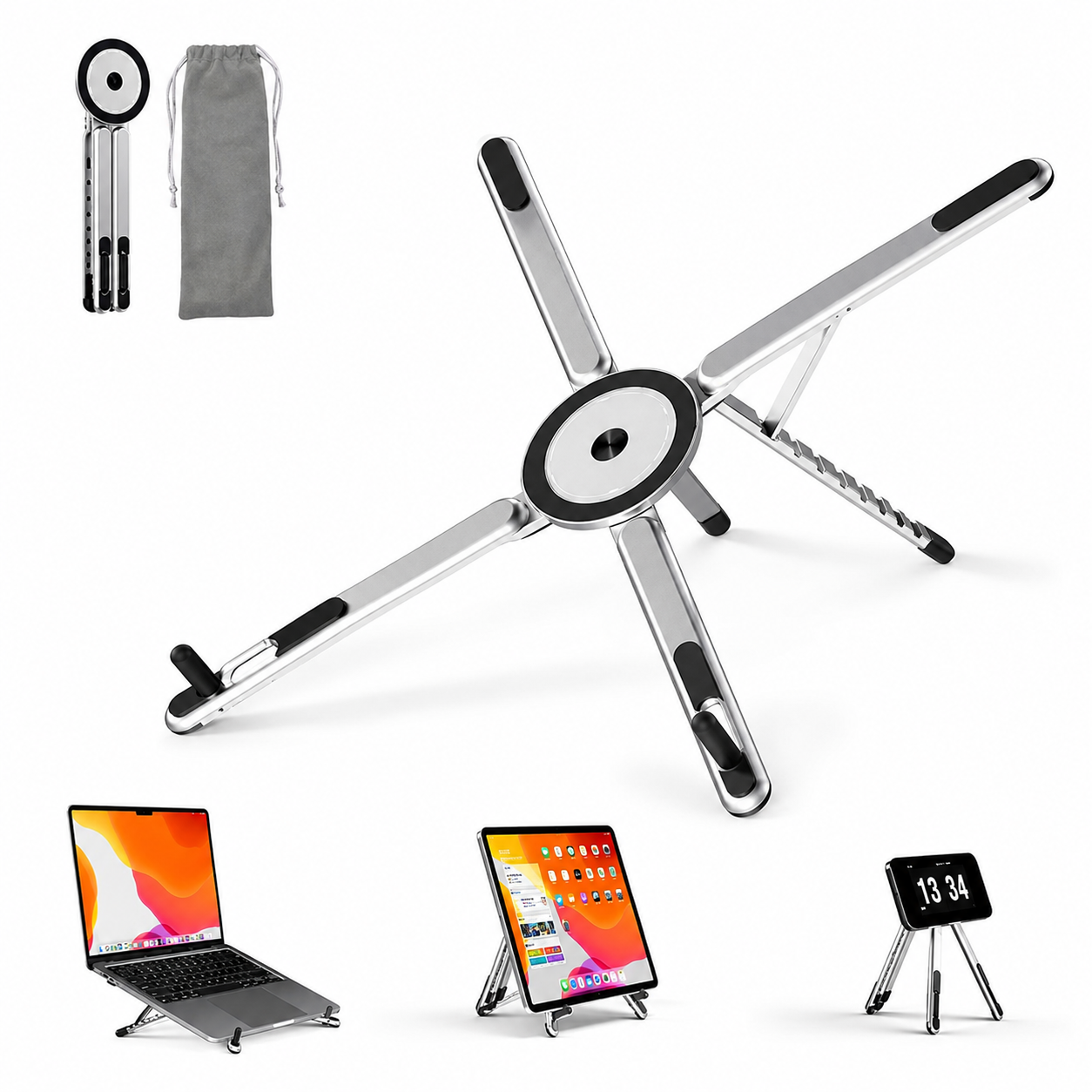 💻 Foldable Aluminum Laptop Stand – Built-in Magnetic Phone Holder, Portable for Laptops & Tablets