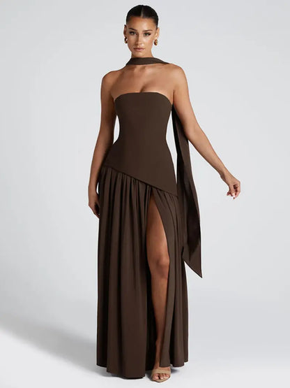 Strapless High-Slit Maxi Dress with Scarf