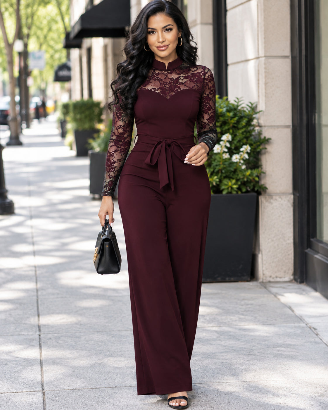 Women's Elegant Sheer Lace Wide-Leg Jumpsuit