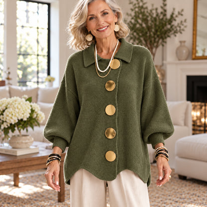 Women's Elegant Ribbed Knit Cardigan with Gold Buttons