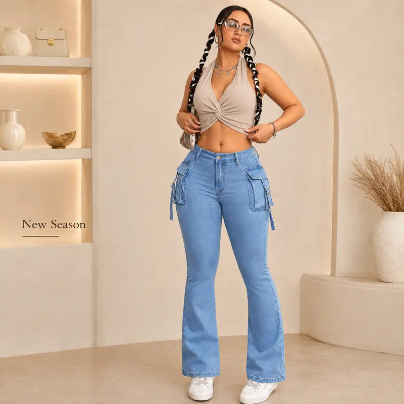 Women's High Waisted Sculpting Cargo Flare Jeans