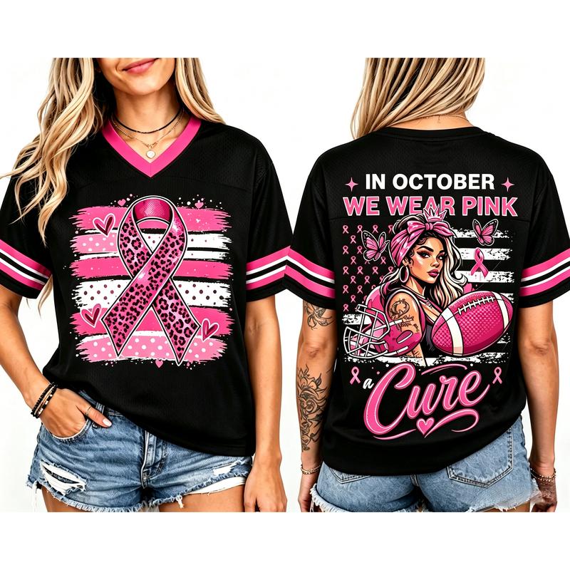 Women’s Pink Ribbon Breast Cancer Awareness Game Day Jersey Shirt
