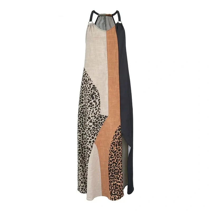 Women's Boho Patchwork Halter Neck Maxi Dress with Split Hem