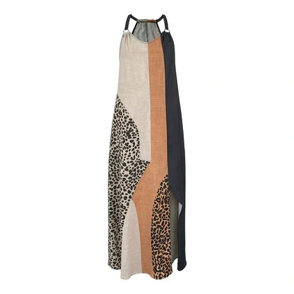 Women's Boho Patchwork Halter Neck Maxi Dress with Split Hem