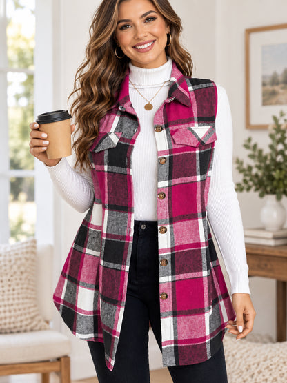 Women’s Plaid Longline Button-Front Vest