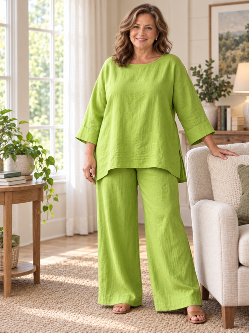 Women's Elegant Linen-Look Two Piece Vacation Lounge Set