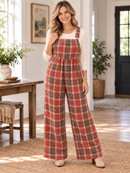 Women’s Plaid Wide-Leg Overalls with Pockets