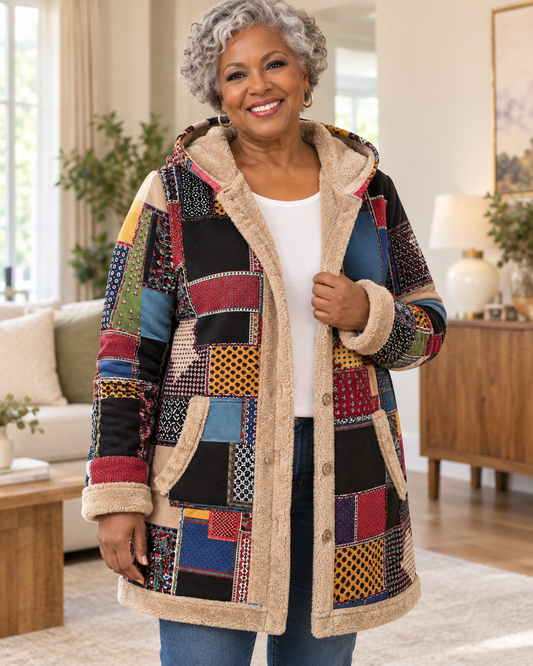Plus Size Vintage Patchwork Sherpa Lined Hooded Coat