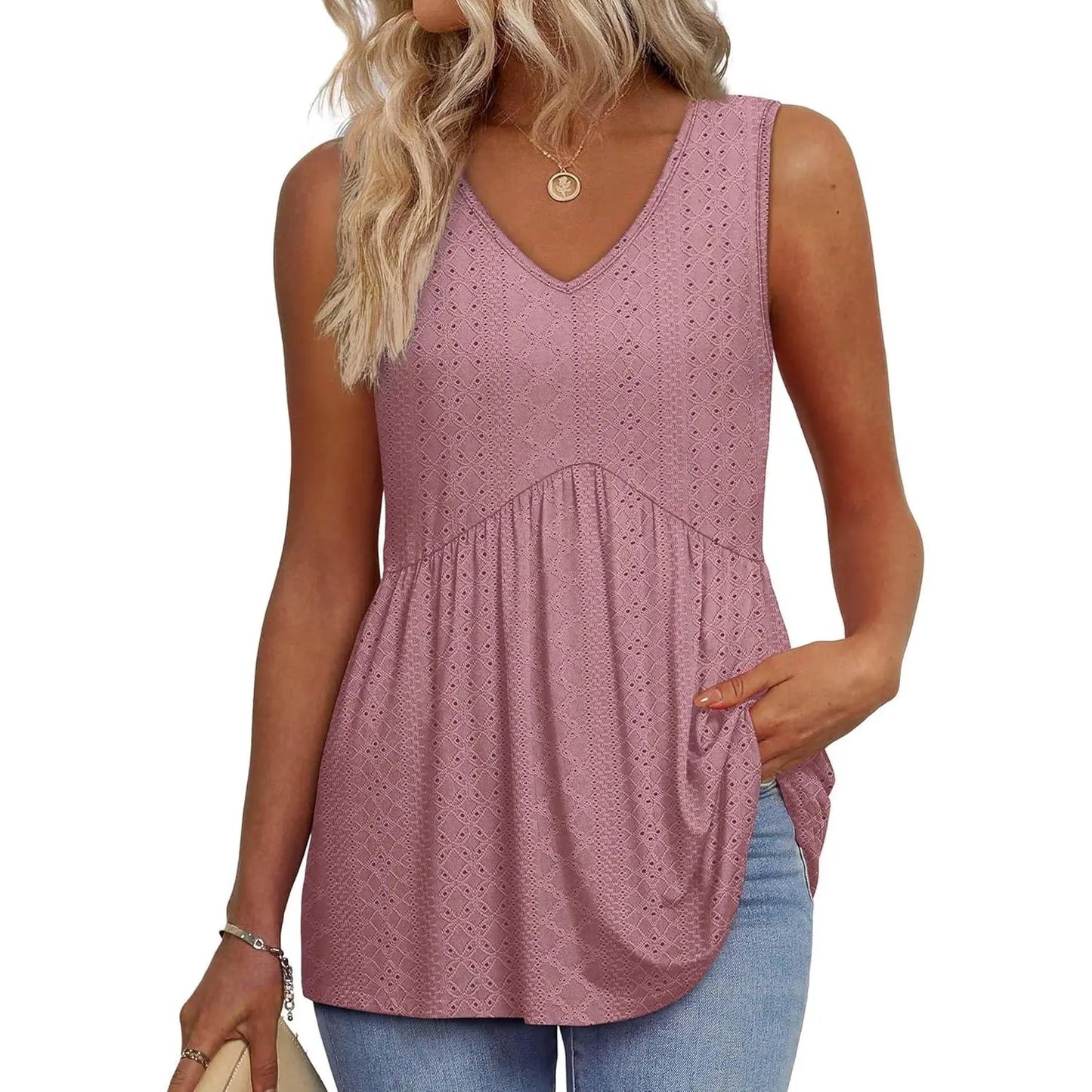 👗Women’s Sleeveless V-Neck Babydoll Tank Top – Flowy Summer Peplum Top