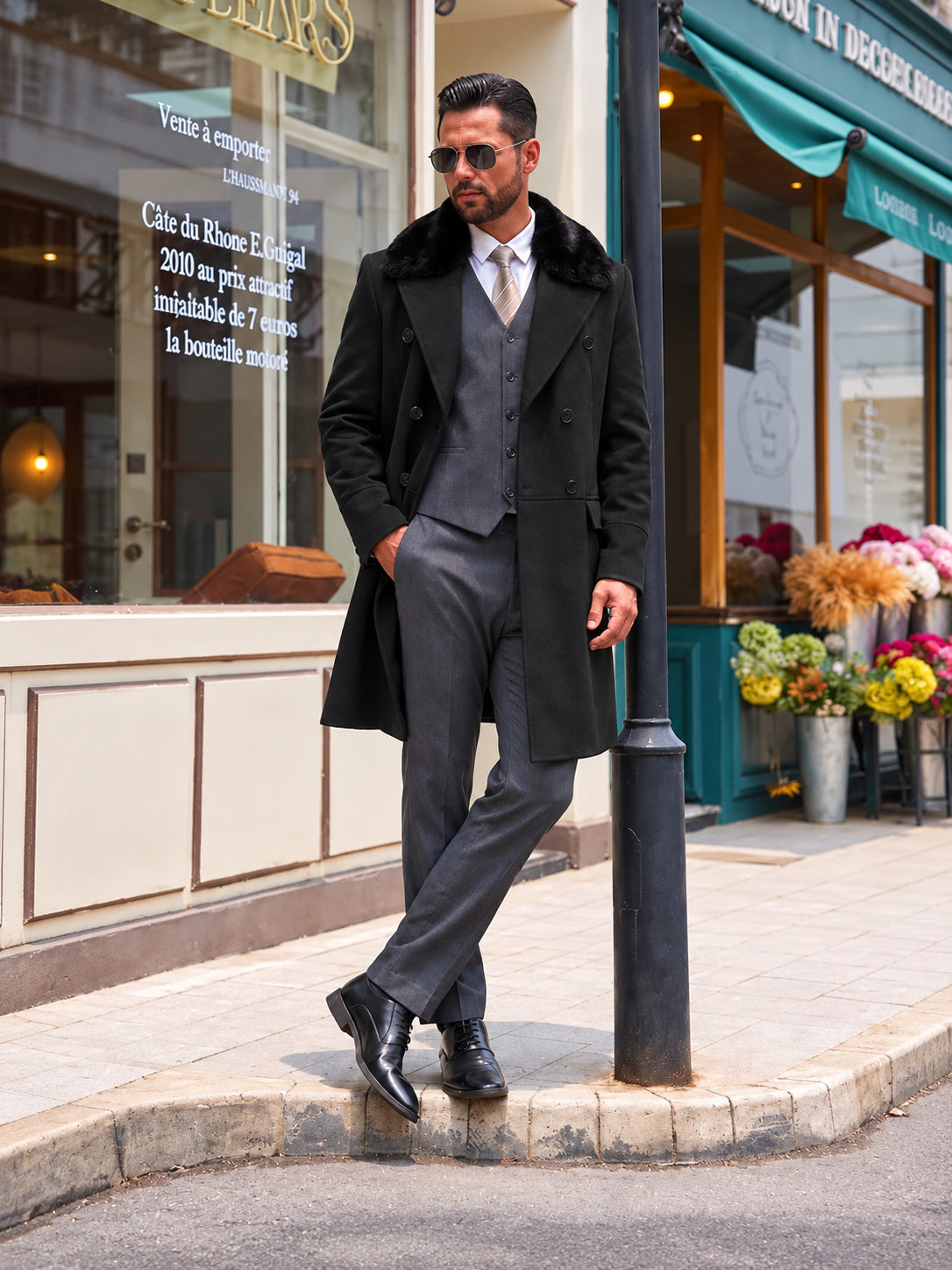 Men's Double-Breasted Faux Fur Collar Coat