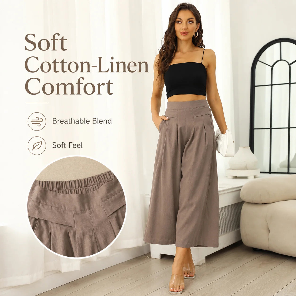 Women's Cotton Linen Wide-Leg Culottes