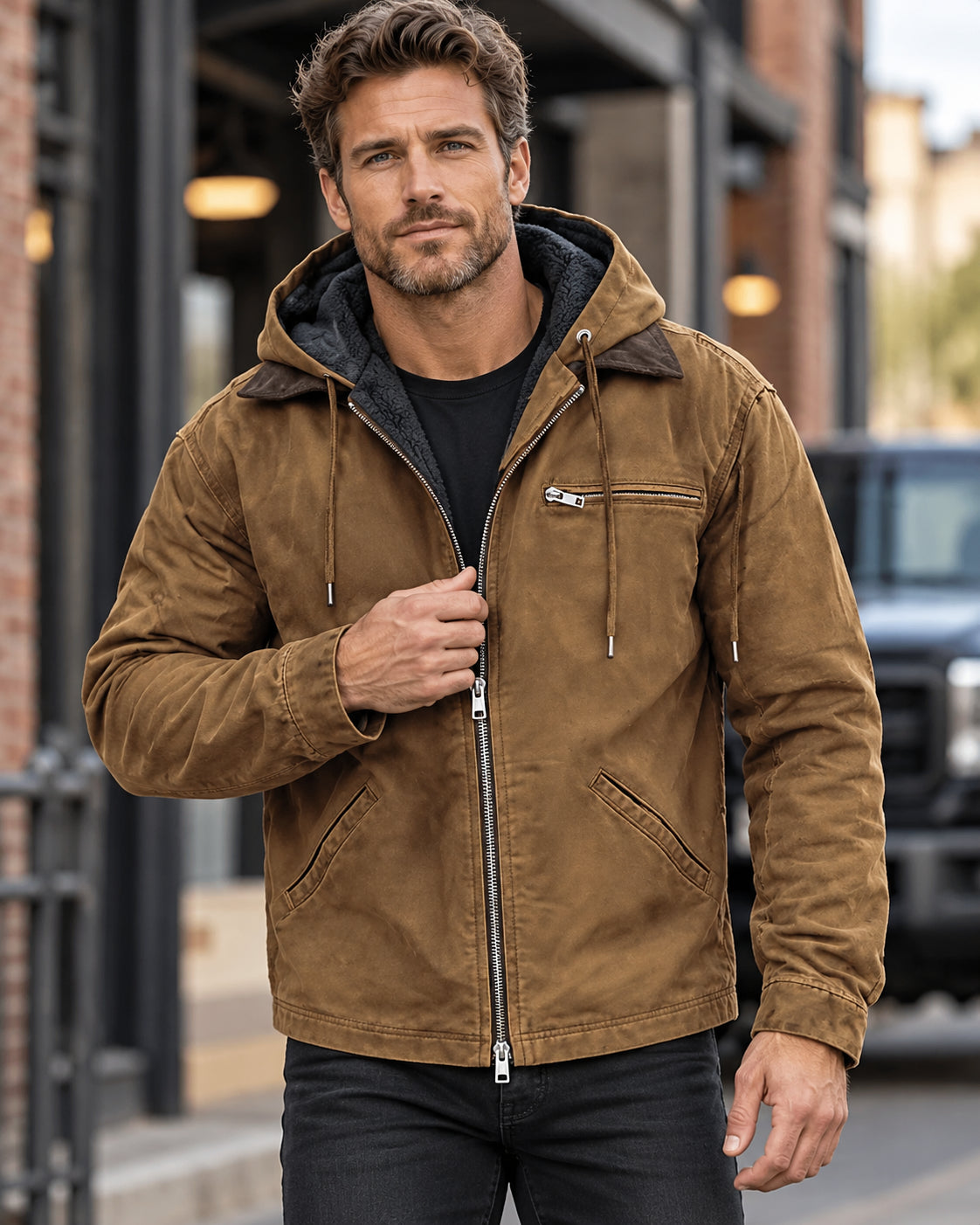 Men's Heavy Fleece Lined Hooded Trucker Jacket
