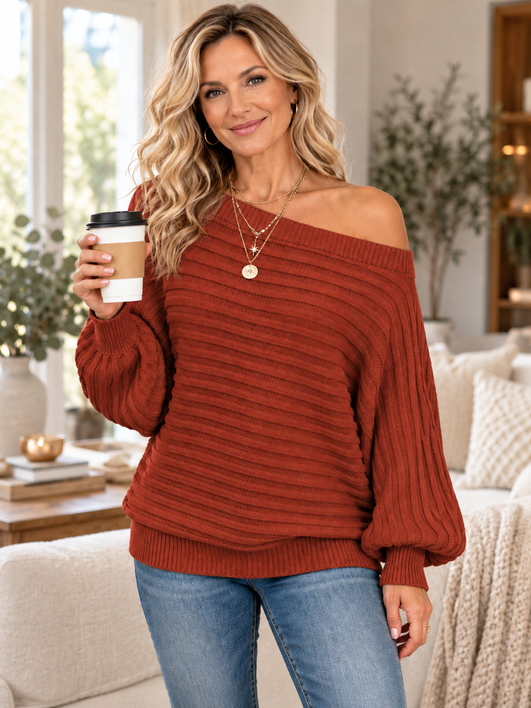 Women's Textured Asymmetrical Neck Batwing Sweater