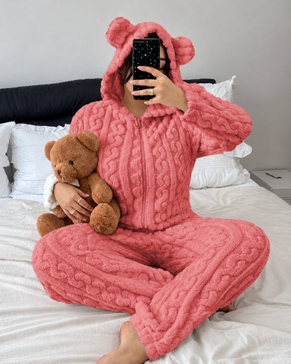 Women's Plush Teddy Bear Hooded Onesie Pajamas
